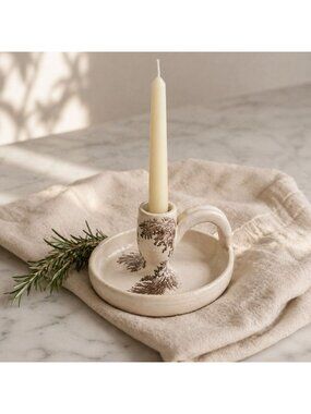 Handmade Studio Pottery Candle Holder with Handle, Neutral Ceramic Fern Design,